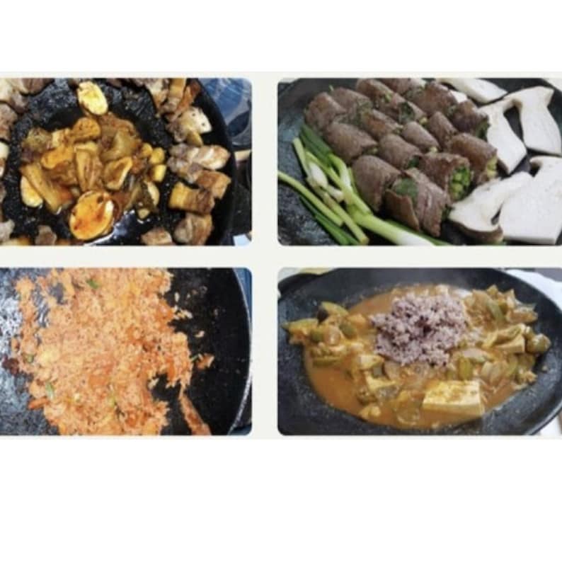 May include: A collage of four Korean dishes. Top left: grilled meat and vegetables. Top right: rolled food with green onions and mushrooms. Bottom left: fried rice. Bottom right: stew with tofu and meat.