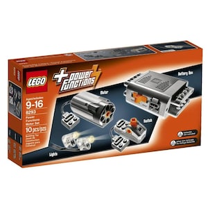May include: A LEGO Power Functions Motor Set box. The orange and black box displays the contents: a motor, battery box, switch, and lights. The set is for ages 9-16 and includes 10 pieces. The text on the box reads "Power Functions Motor Set".