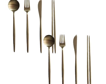 Korean handmade Luxury Bangjja Yugi 2-Person Cutlery Set- spoon, fork, spoon, chopsticks for 2People