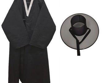koreanisches Hanbok Kostüm-Set für Herren, schwarze Dopo Robe & Gat Hut, K-Pop Mode