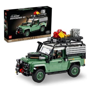May include: A green LEGO Classic Defender 90 model with a white roof and black detailing. The model features a spare tyre, a roof rack with accessories, and the text "CLASSIC DEFENDER 90" on the box. A detailed replica of the iconic off-road vehicle.
