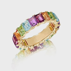 Rainbow Gemstone Eternity Band, Emerald Cut 14K Gold Plated Sterling Silver Ring
