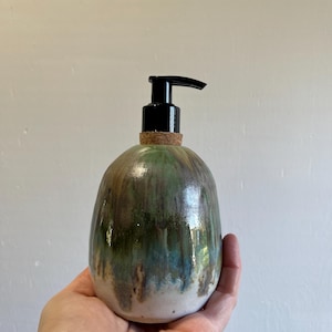 Handmade Ceramic Soap Dispenser – Green Gold Drip Glaze Pottery Lotion Pump