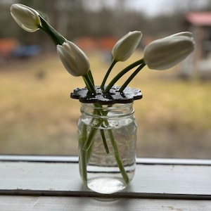 May include: A glass jar filled with water, displaying white tulips. The jar has a dark brown, decorative lid. The tulips have green stems and are set against a blurred outdoor backdrop. The jar rests on a white windowsill.