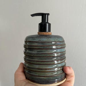 Handmade Ceramic Soap Dispenser – Wheel Thrown Stoneware – Green Earthy Glaze Bathroom Kitchen Decor