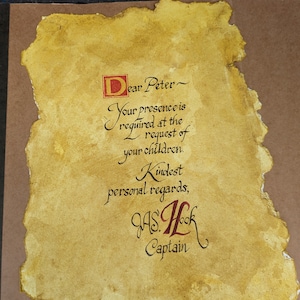 Note de rançon avec crochet Peter Pan - déchiré à la main, calligraphie à la main, teint à la main, papier fantaisie