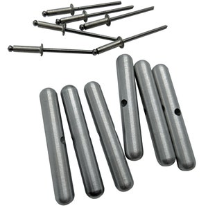 May include: A set of silver-colored metal rivets and hollow rivets. The rivets are arranged in a scattered pattern on a white background.