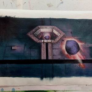 Hand painted Oil painting 12&quot;x26&quot; Exhaust port shot proton torpedos by Luke to blow up the Death Star Trench Star Wars Inspired #2