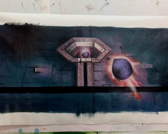 Hand painted Oil painting 12"x26" Exhaust port shot proton torpedos by Luke to blow up the Death Star Trench Star Wars Inspired #2
