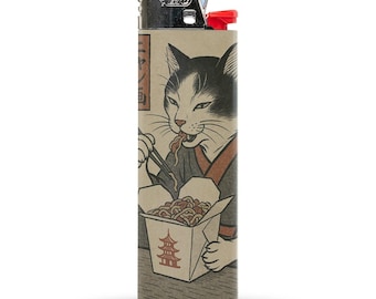 Gato con encendedor de comida para llevar al estilo ukiyo-e japonés