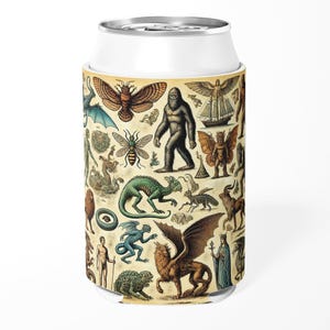 Puede incluir: Un enfriador de latas blanco con un collage de estilo vintage de criaturas míticas y críptidos. El diseño incluye un bigfoot, un león alado, un dragón verde y una polilla, entre otras ilustraciones. El enfriador está diseñado para una lata estándar de 330 ml.