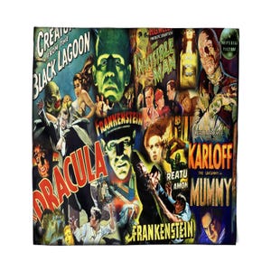May include: A square, multi-coloured fabric featuring vintage horror movie posters. The design includes images and titles from classic films like "Dracula," "Frankenstein," "The Mummy," and "Creature from the Black Lagoon."
