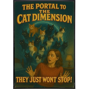 May include: A framed poster with the text "THE PORTAL TO THE CAT DIMENSION" and "THEY JUST WONT STOP!". The image features a woman looking surprised, surrounded by cats of various colors, with a green and yellow background.