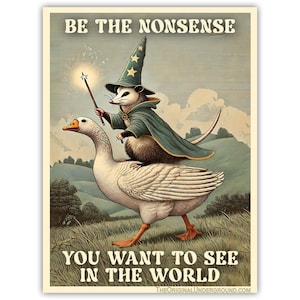 Op de afbeelding: Een grillige poster met een opossum-tovenaar die op een gans rijdt en een toverstaf met een ster vasthoudt. De opossum draagt een groene cape en hoed. De tekst luidt: "BE THE NONSENSE YOU WANT TO SEE IN THE WORLD."