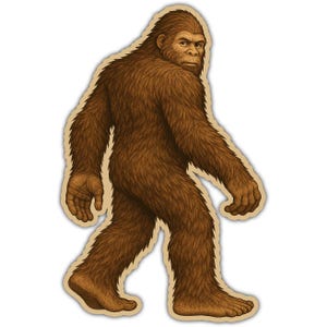 Puede incluir: Ilustración de un Bigfoot marrón con un borde beige. La criatura se representa caminando, con detalles de pelaje y rasgos faciales. La obra de arte tiene un estilo vintage, dibujado a mano, ideal para pegatinas.
