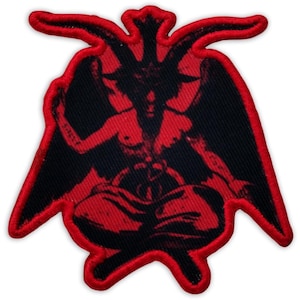 May include: A black and red embroidered patch featuring a detailed illustration of Baphomet. The design includes a central figure with horns, wings, and a seated pose, outlined in red with a red border.