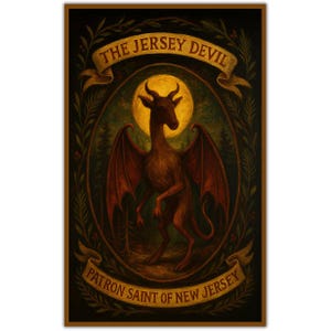 Puede incluir: Una ilustración artística del Jersey Devil, una criatura mítica de Nueva Jersey. La imagen presenta un diablo marrón rojizo con alas, de pie en un entorno forestal, con el texto "THE JERSEY DEVIL" y "PATRON SAINT OF NEW JERSEY" en pancartas.