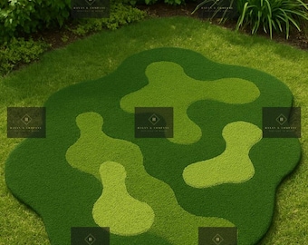 Può includere: Un tappeto verde a tema golf, dalla forma irregolare. Il tappeto presenta diverse tonalità di verde, creando un effetto strutturato e stratificato. Il design ricorda un campo da golf, perfetto per aggiungere un tocco sportivo a qualsiasi spazio.