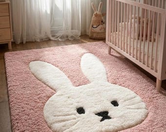 Hand-Tufted Bunny Rug – Soft Pink Nursery Carpet, Plush Kids Room Décor