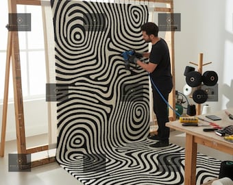 Bold Monochrome Swirl Rug | Modern Geometric Area Carpet | Black & White Statement Home Decor