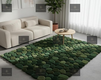 Green Pebble Moss Rug | Organic 3D Stone Design Area Rug for Cozy Modern Interiors