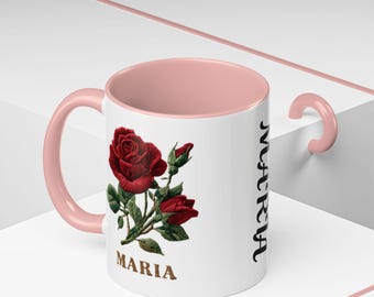 Red Rose Botanical Illustration Mug | Accent Coffee Mug 11oz | Personalized Rose Mug for Gift