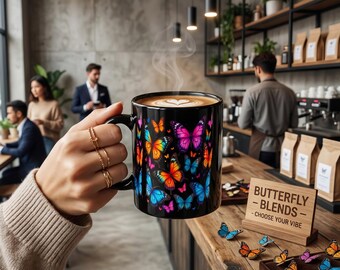 Butterfly Mug 11oz, Colorful Butterfly Coffee Mug, Black Ceramic Cup, Butterfly Lover Gift, Inspirational Gift for Her, Mom Gift.