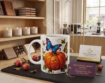 Autumn Pumpkin Butterfly Mug, Fall Coffee Cup, 11oz Ceramic Mug, Thanksgiving Gift, Pumpkin Lover Gift, Cozy Fall Kitchen Decor.