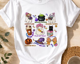 Halloween Teacher Shirt, Trick or Teach T-Shirt, Cute Ghost Teacher Tee, Spooky Classroom Gift, Fall Teacher Shirt, Gildan 64000.