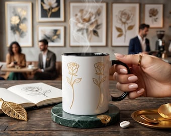 Gold Rose Mug 11oz, Elegant Floral Coffee Cup, Minimalist Rose Gift for Her, Romantic Coffee Mug, Teacher Gift, Birthday Gift.