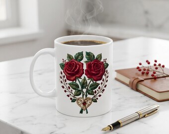 Red Rose Floral Mug, Romantic Flower Coffee Cup, 11oz Ceramic Mug, Valentine Gift for Her, Anniversary Birthday Mother’s Day Gift.
