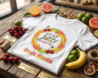 Fruit Fiesta Citrus Shirt, Stay Juicy Healthy Tee, Summer Fruit Wreath T-Shirt, Unisex Bella Canvas 3001 Casual Graphic Gift Top.
