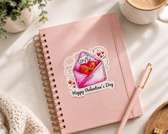 Alla hjärtans dag-hjärtklistermärke med kuvert, glansigt kyssskuret vinyldekal, romantisk röd och rosa konst för bärbara datorer, anteckningsböcker, vattenflaskor.