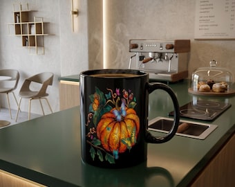 Autumn Pumpkin Mug 11oz, Butterfly Coffee Mug, Black Ceramic Fall Cup, Pumpkin Lover Gift, Thanksgiving Gift for Her, Fall Decor...