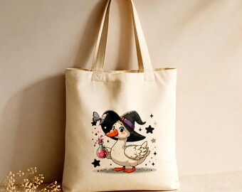 Cute Witch Duck Halloween Tote Bag | Spooky Season Canvas Bag | Kawaii Animal Pumpkin Tote | Fall Gift for Halloween Lovers and Duck Fans