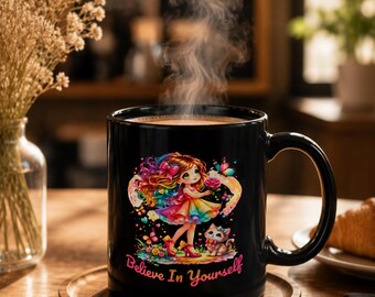 Believe In Yourself Mug,Rainbow Girl and Cat Coffee Cup, Inspirational Gift for Women, Motivational Black Ceramic Mug, Positive Mindset Gift