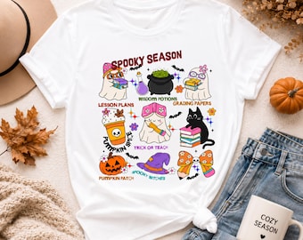Halloween Teacher Shirt, Spooky Season Tee, Trick or Teach Ghost Shirt, Cute Teacher Gift, Pumpkin Black Cat Bella Canvas 3001 Tee.