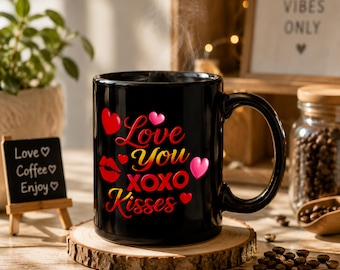 Love You XOXO Mug 11oz 15oz, Romantic Black Coffee Mug, Valentine’s Day Gift for Her Him, Anniversary Couple Gift, Kisses Mug.