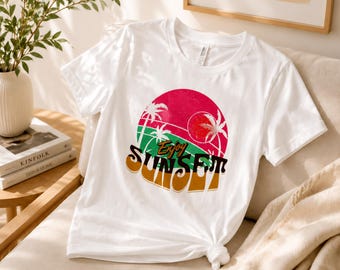 Retro Sunset Shirt, Beach Vacation Tee, Palm Tree T-Shirt, Vintage Surf Graphic, Summer Coastal Shirt, Bella Canvas 3001 Gift.