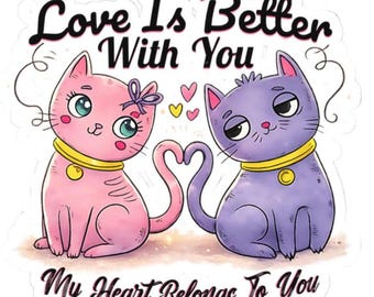 Cute Cat Love Sticker, My Heart Belongs To You, Kawaii Vinyl Decal, Pastel Colors, Laptop, Water Bottle and  Gift for Pet Lovers.
