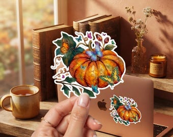 Fall Pumpkin Sticker with Butterflies | Autumn Floral Vinyl Decal | Cottagecore Laptop Water Bottle Sticker | Thanksgiving Gift for Her.