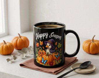 Fall Duck Mug 11oz, Happy Season Pumpkin Coffee Mug, Cute Witch Duck Black Ceramic Cup, Autumn Gift, Pumpkin Lover Gift for Her.