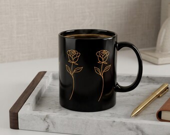 Black Rose Mug, Elegant Gold Floral Coffee Cup, 11oz Black Ceramic Mug, Romantic Gift for Her, Mom Wife Anniversary Birthday Gift.