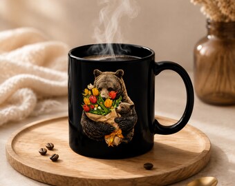 Mama Bear Mug 11oz, Black Ceramic Coffee Cup, Bear Holding Flowers, Mom Gift, Mother’s Day Mug, Tulip Bouquet Mug, Wildlife Lover Gift.