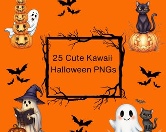Cute Ghost Pumpkin Black Cat Clipart Bundle • 25 Halloween PNGs • Spooky Cute Ghosts Cats Pumpkins Digital Download • Sublimation & Crafts