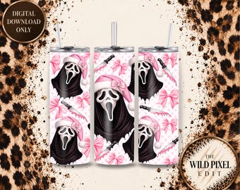 May include: A cylindrical tumbler featuring a repeating pattern of a masked figure wearing a pink Santa hat, pink bows, and knives with pink liquid, set against a white polka dot background. The tumbler includes a clear lid and a straw.