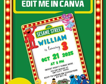 Invito di compleanno di Sesame Street • Invito per feste modificabile • Download digitale di Elmo Big Bird Cookie Monster • Modello Canva