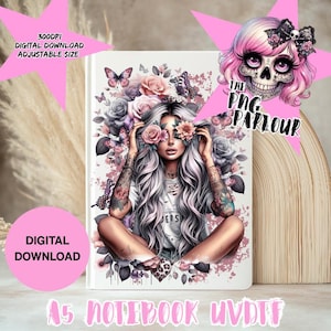 May include: A5 notebook with a digital download design. The cover features a woman with long gray hair, floral accents, and butterfly illustrations. The text "DIGITAL DOWNLOAD" and "300DPI DIGITAL DOWNLOAD ADJUSTABLE SIZE" are also visible.