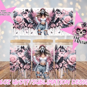 May include: Three glass tumblers with wooden lids and straws, featuring a design of a woman in a Scream mask with butterfly wings, roses, and butterflies. The design includes the text "16oz UVDTF/SUBLIMATION DESIGN" and "300DPI DIGITAL DOWNLOAD ADJUSTABLE SIZE".