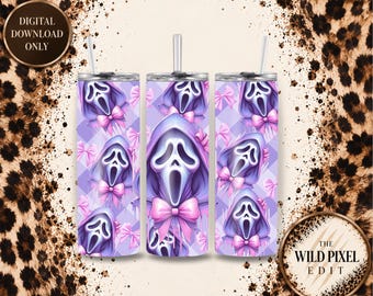 May include: Three cylindrical tumblers with clear lids and straws, featuring a repeating pattern of purple hooded ghost figures with open mouths, accented by light pink bows against a light purple and white checkered background.